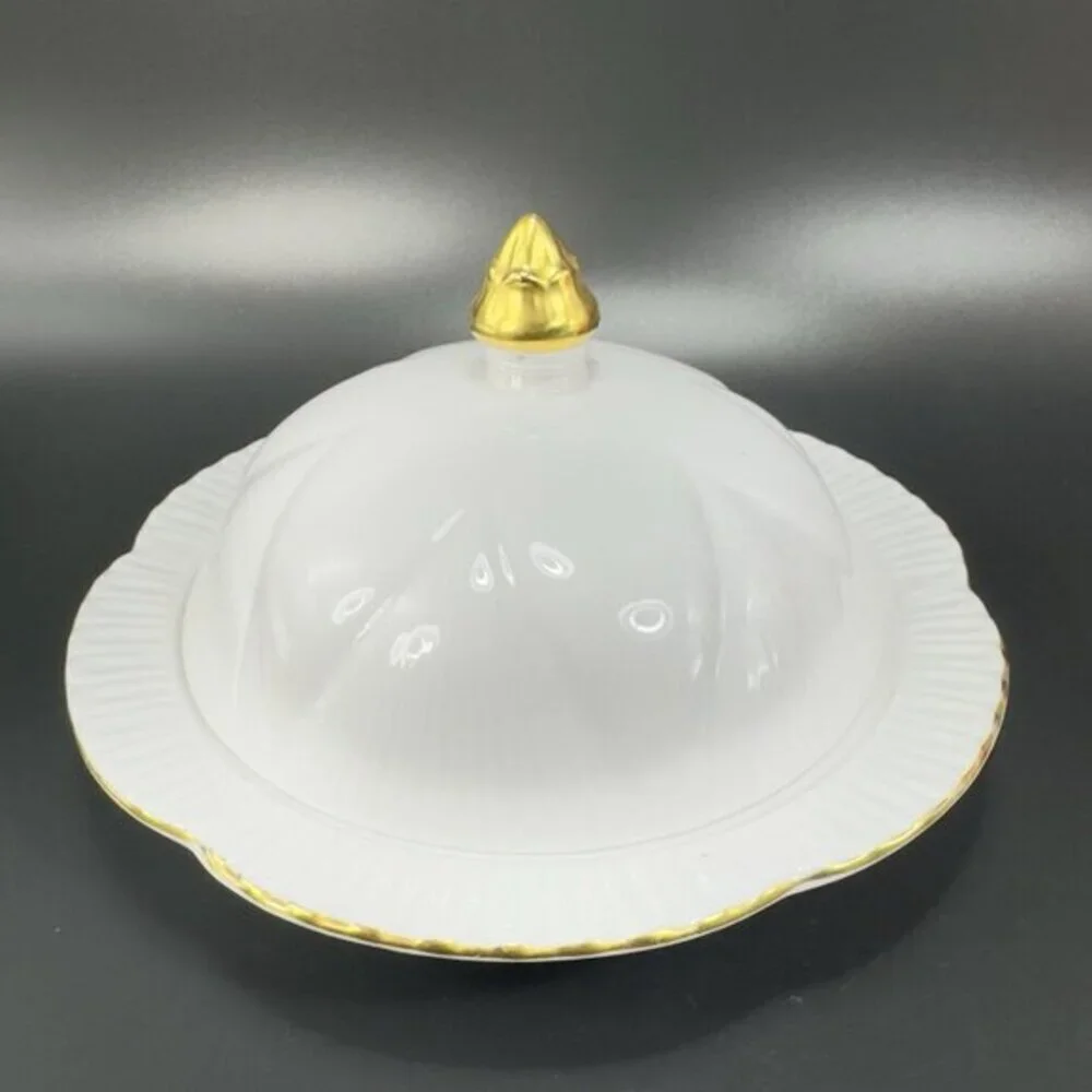 Shelley Bone China Covered Butter Dish England White With Gold Accents‎ Vintage